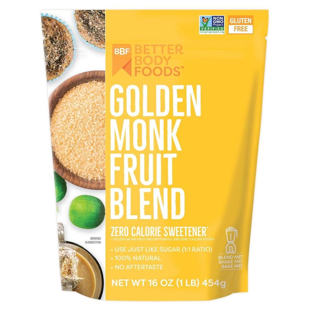 image:imageBetterBody Foods Monk Fruit Sweetener Blend Raw Cane Sugar Substitute Zero Calorie Keto Diet Friendly Zero Net Carbs Zero Glycemic Baking Extract Sugar Replacement 1lb 16 ozGolden Monk Fruit Sweetener Blend