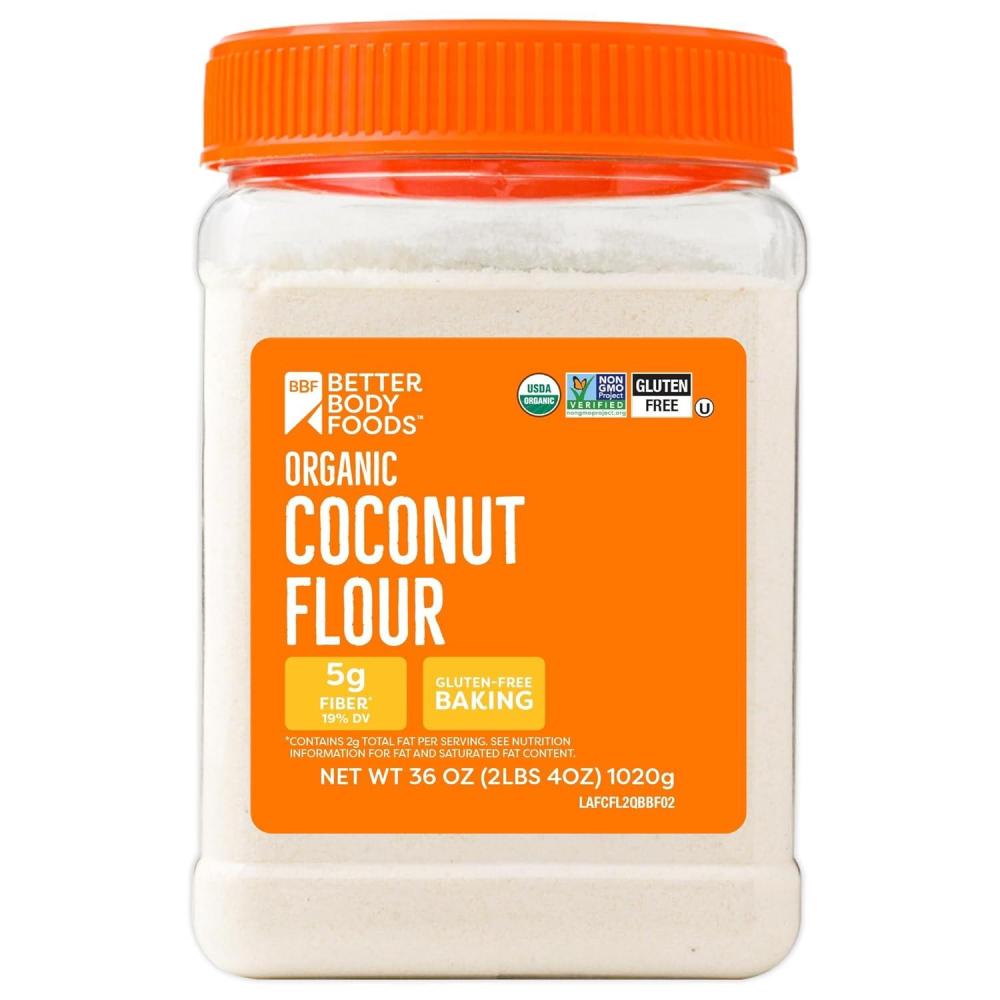 image:imageBetterBody Foods Organic Coconut Flour 225 Pound Jar GlutenFree White Flour Alternative with a Slight Coconut Taste and Aroma 23 Dietary Fiber per Serving